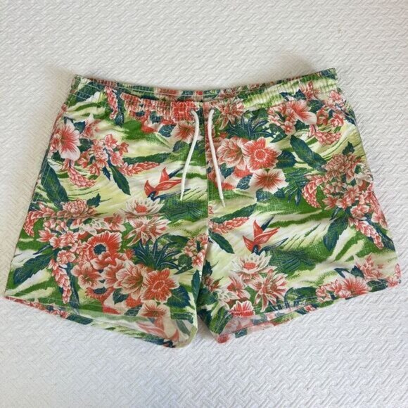 Zara Man Swimwear Men's Large Green Pink Floral Swim Shorts Trunks Hawiian Short - Picture 1 of 10